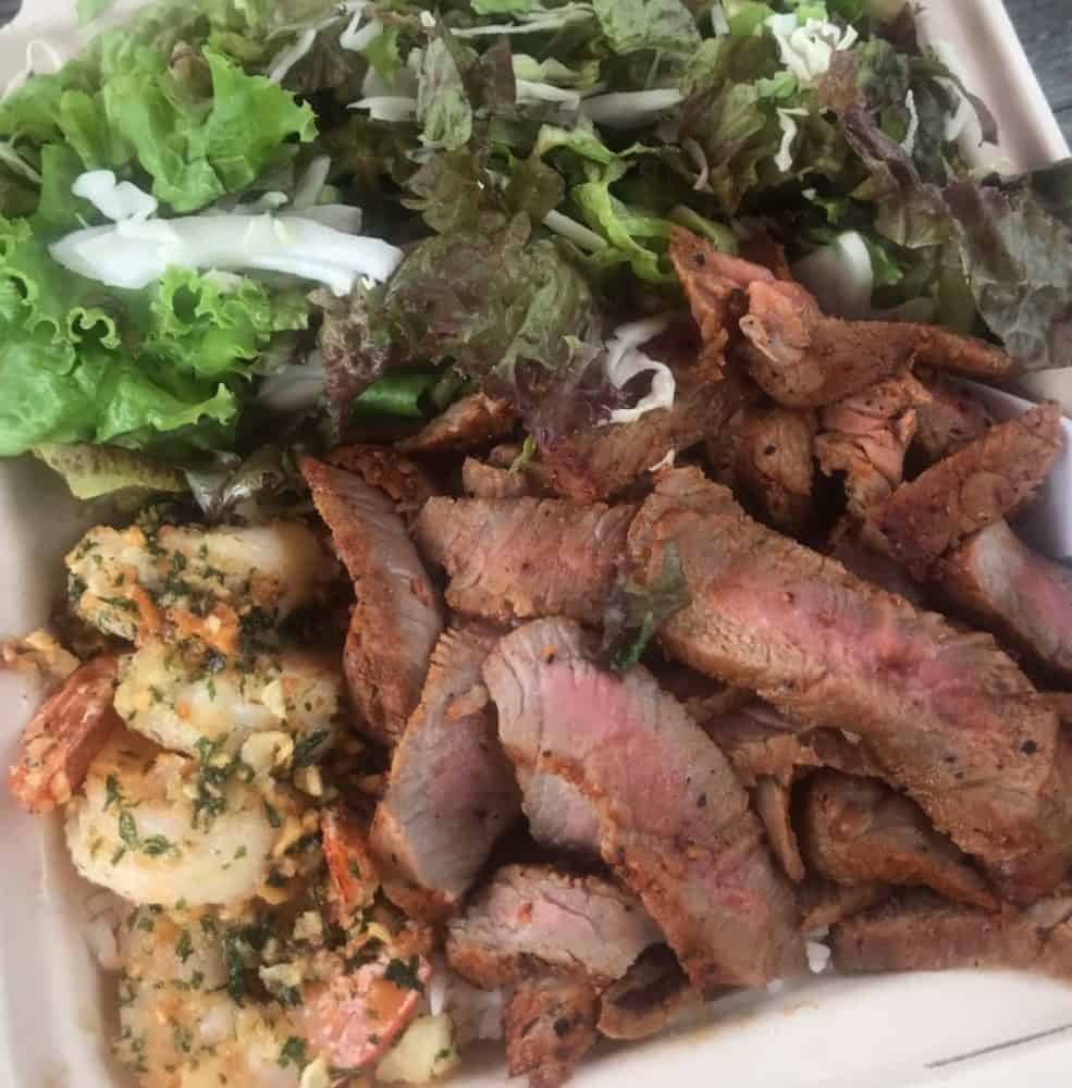 Island steak and garlic butter shrimp plate from Aloha Mix Cafe